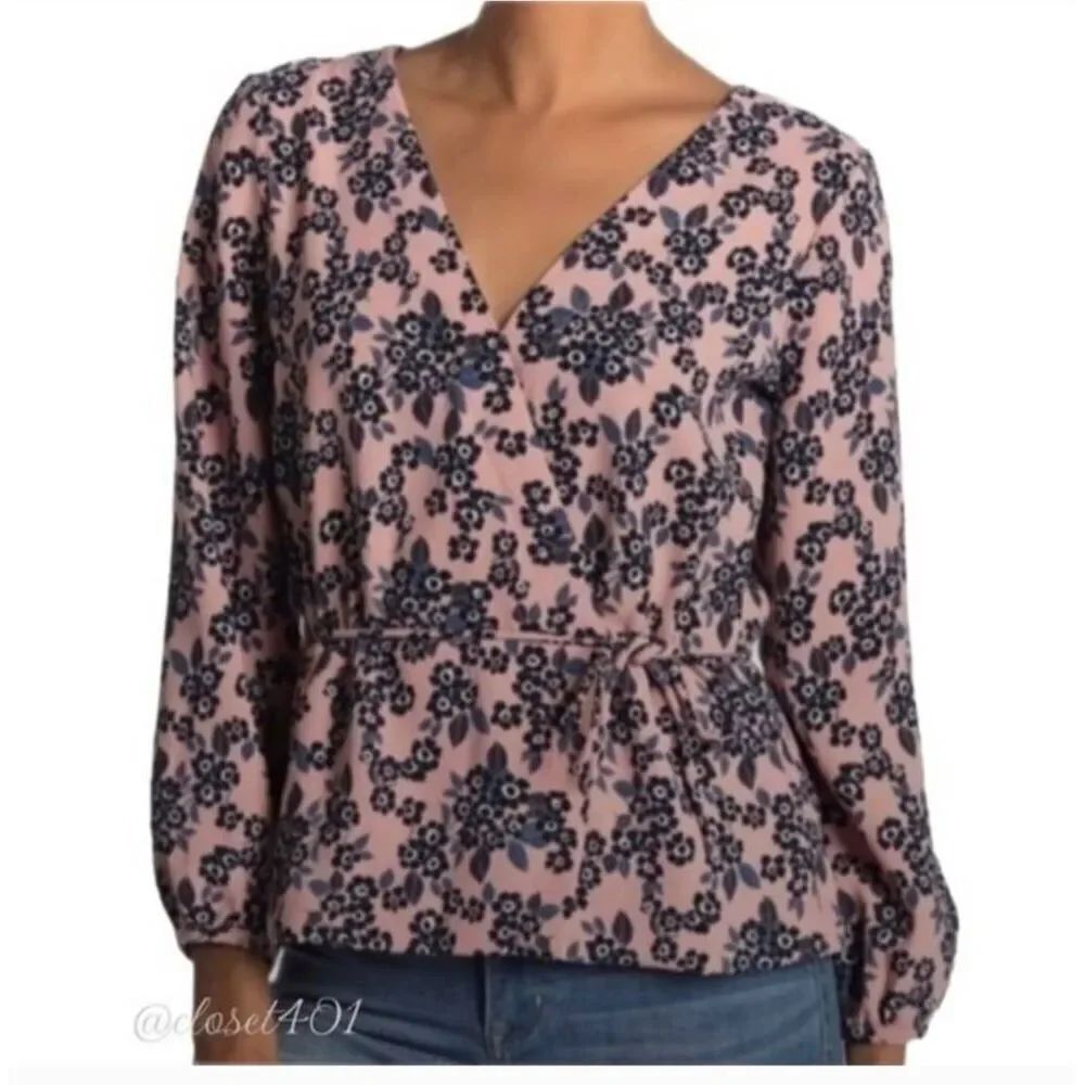 J. Crew| Pink & Blue Poppy Print Faux Wrap Blouse, Long Sleeve, EUC, Sz. 8 Tall